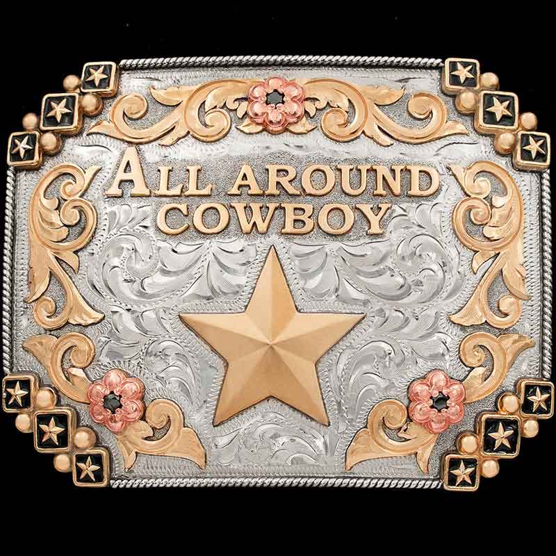 This western buckle pays homage to the versatility and prowess of the all-around cowboy. Make a statement with this symbol of Western heritage. Order now!